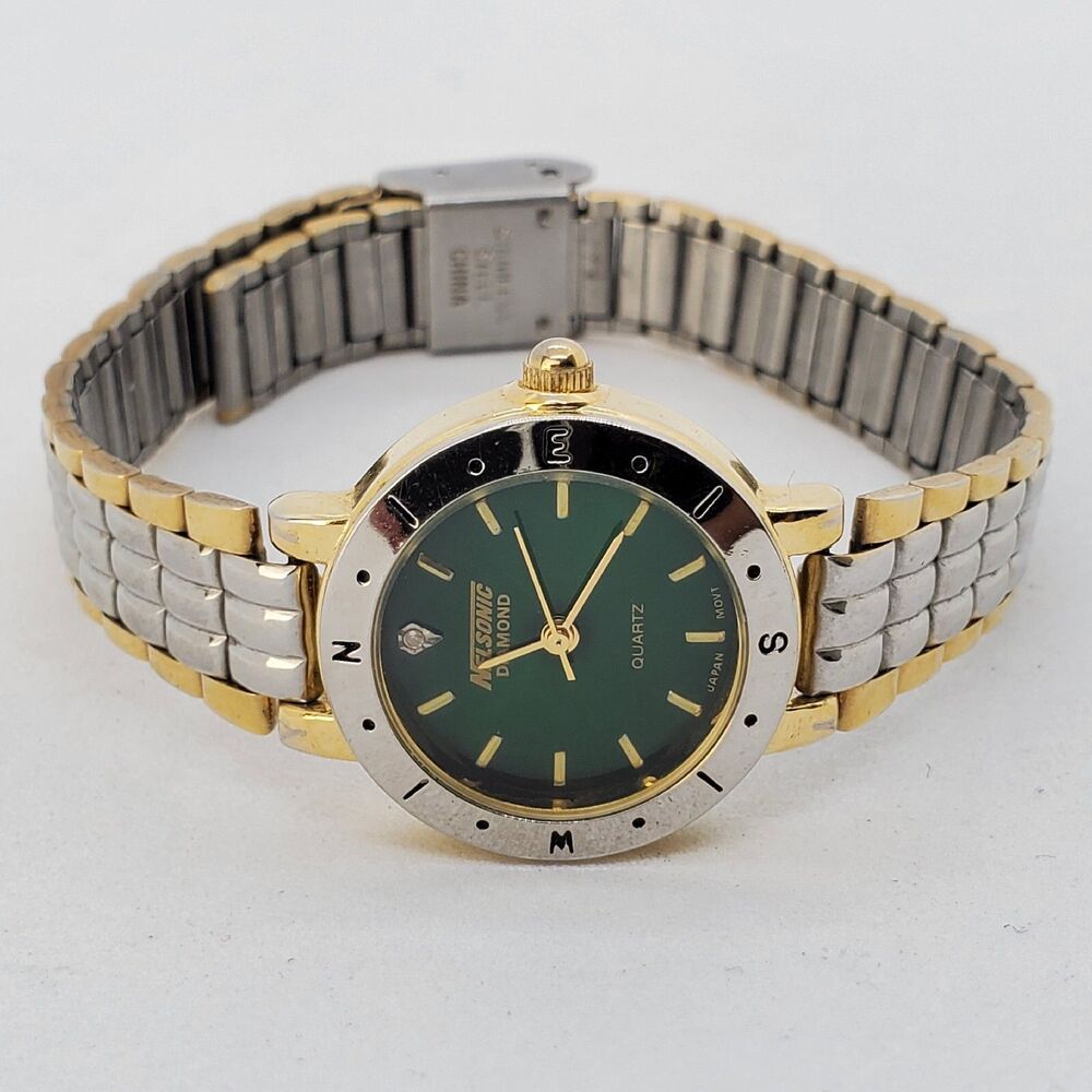 Nelsonic Diamond Women's Watch 25MM Green Dial Two Tone‎ Bands 7.5" New Battery